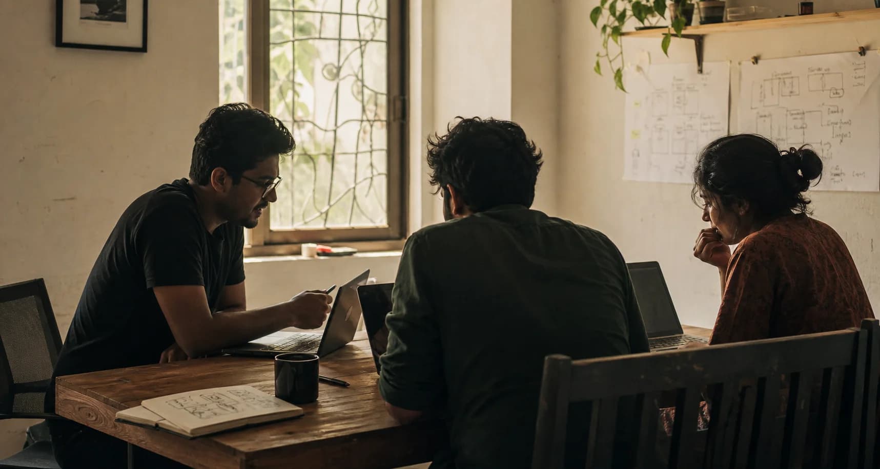 Software team collaborating around a wooden table