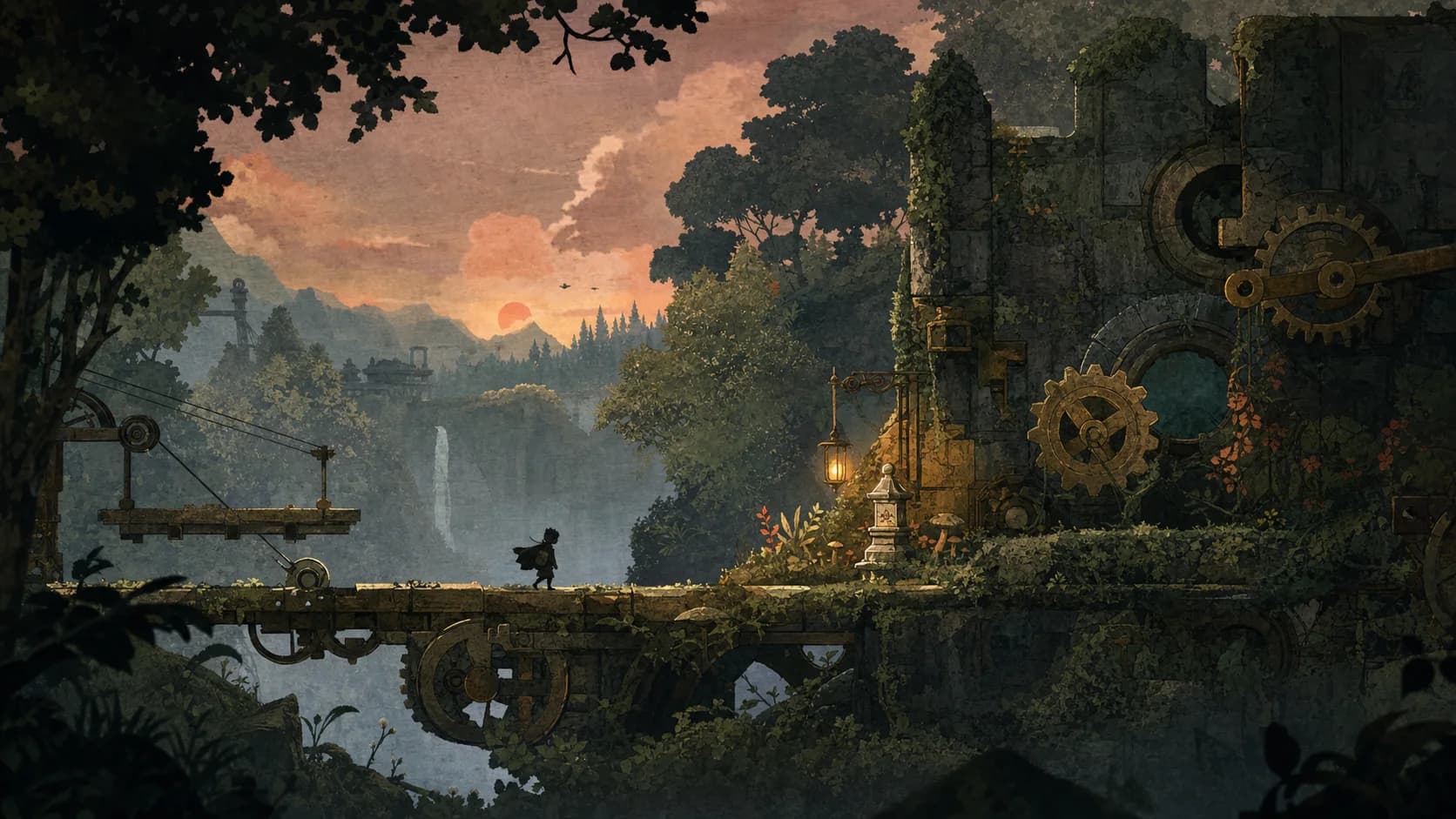Painterly adventure game scene set in an overgrown mechanical ruin